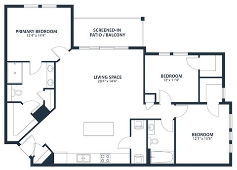 Floor plan for 3 beds, 2 baths, 1298 sqft
